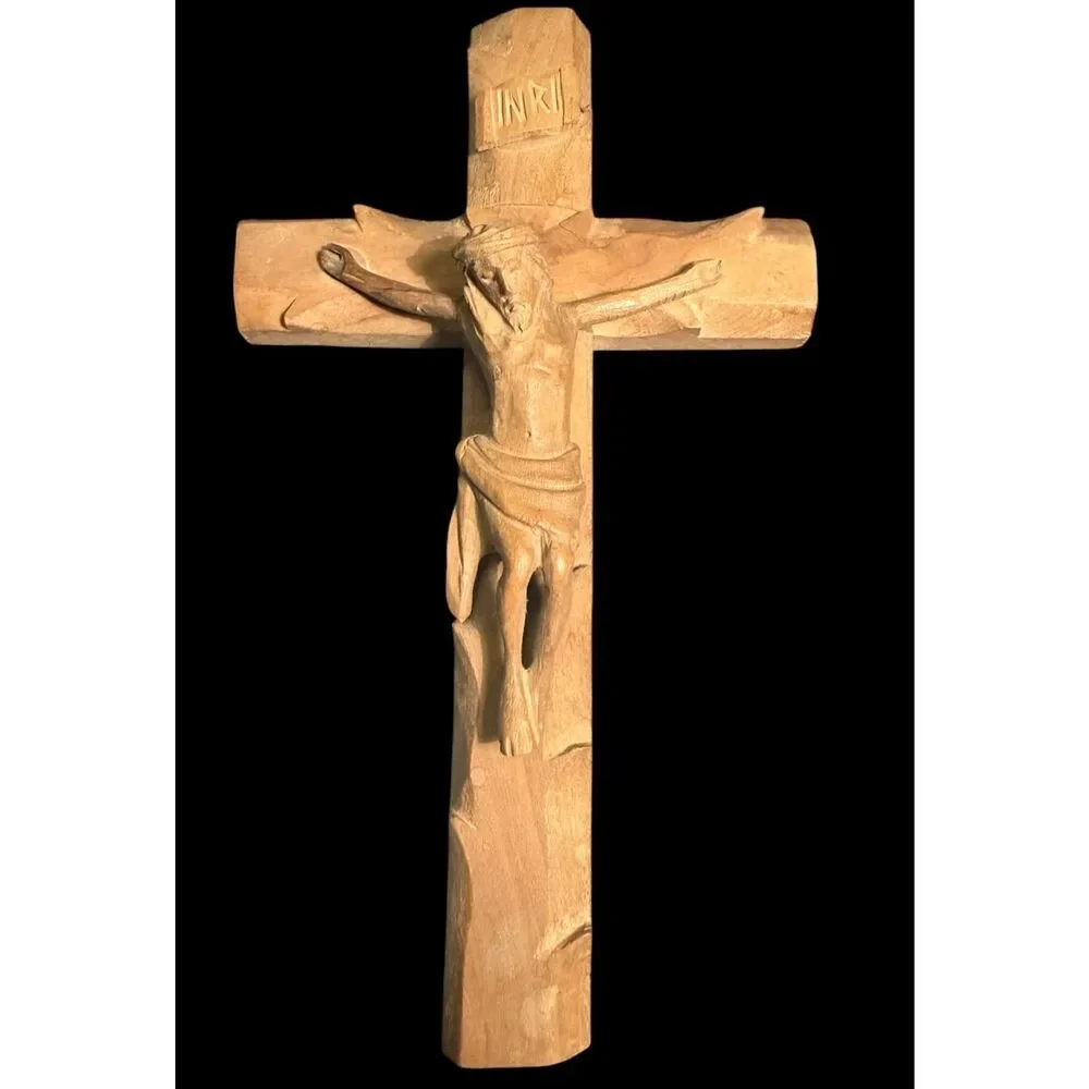Crucifix Hand-Carved Olive Wood Bethlehem 8” INRI